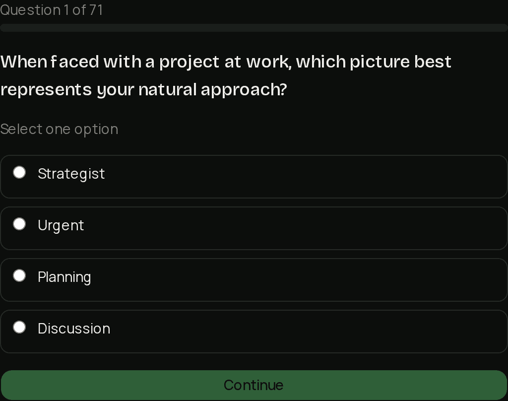 vibecq candidate assessment question screen with progress indicator